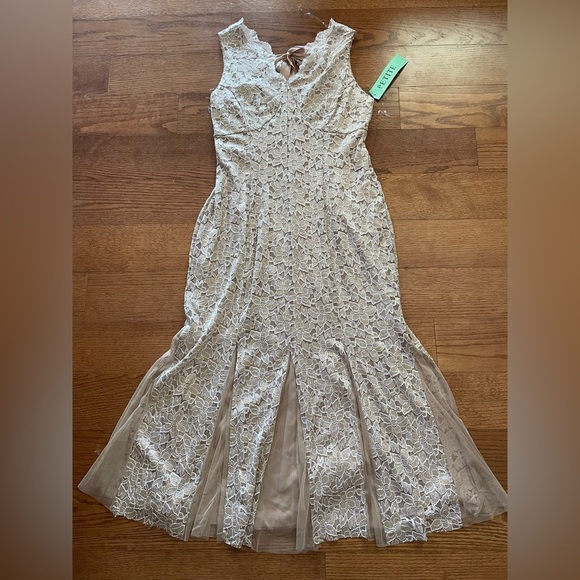 NWT Candalite Petite Gold Cream Lace Babydoll Mermaid Mesh Maxi Dress XL Prom - Picture 1 of 11